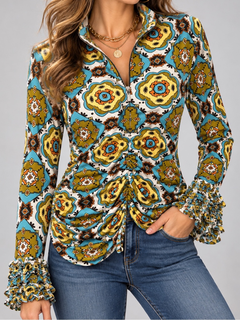 Etcetera Retro Geometric Print Ruched Zip Front Top Frilled Cuffs